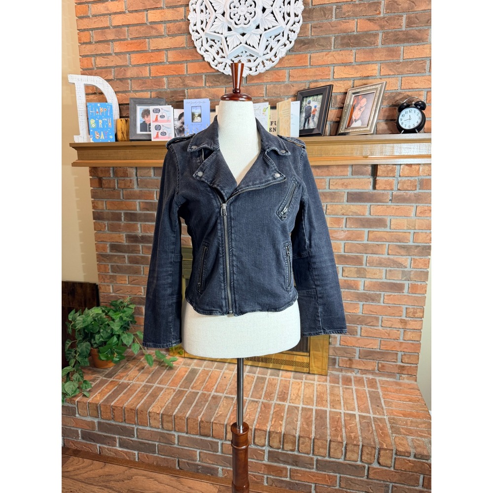 American Eagle Moto Jacket Women Black Denim Asymmetrical Zip Epaulettes XL